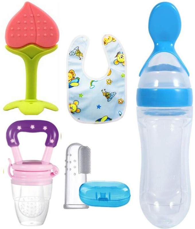Roforuf Baby Silicone Teether & Food Feeder Set with Finger Toothbrush, Bib & Spoon Teether and Feeder(Multicolor)