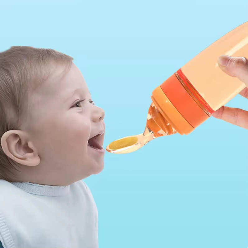 MAHIRAT Baby Squeezy Food Grade Silicone Feeder Bottle with Spoon Feeder For Baby 90ml Feeder(Multicolor)