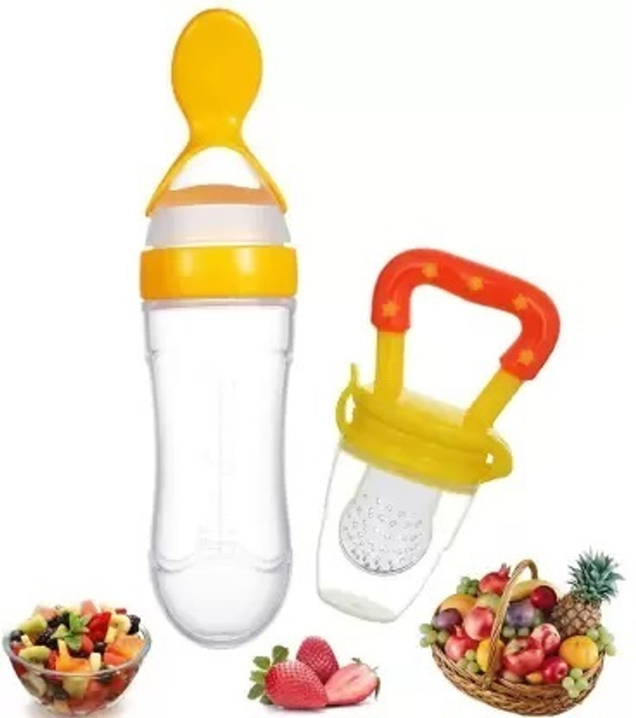 BabyGo Baby Silicone Squeeze Food Feeder Bottle with Food Nibbler Teething Pack of 2 Teether and Feeder(Multicolor)