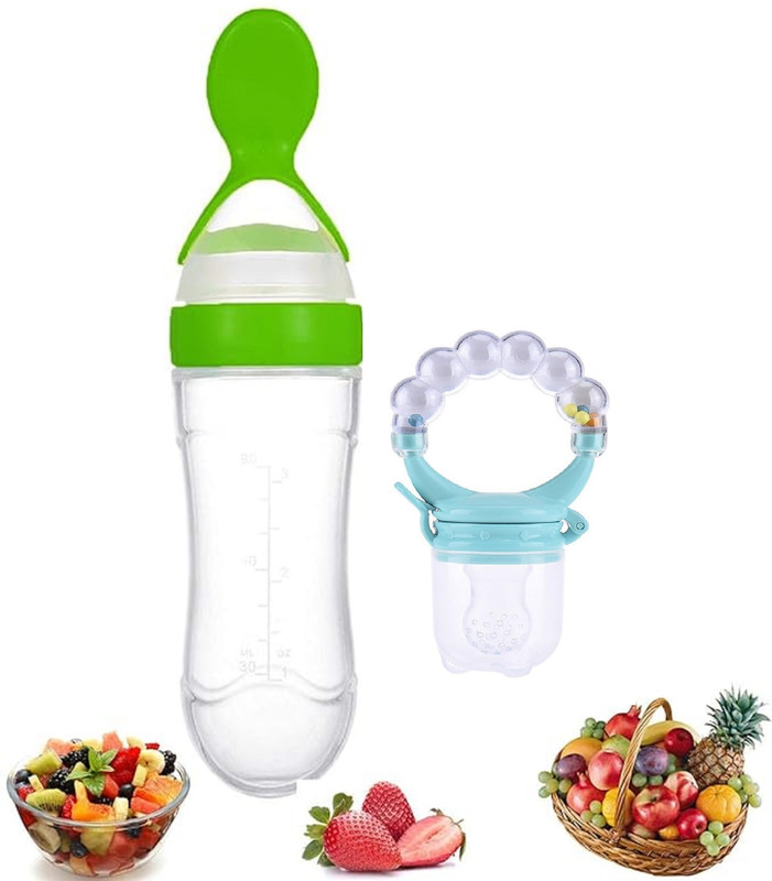 qtypie Squeeze Style Bottle Feeder with Dispensing Spoon & Rattle Hand Fruit Nibbler Feeder(Multicolor)