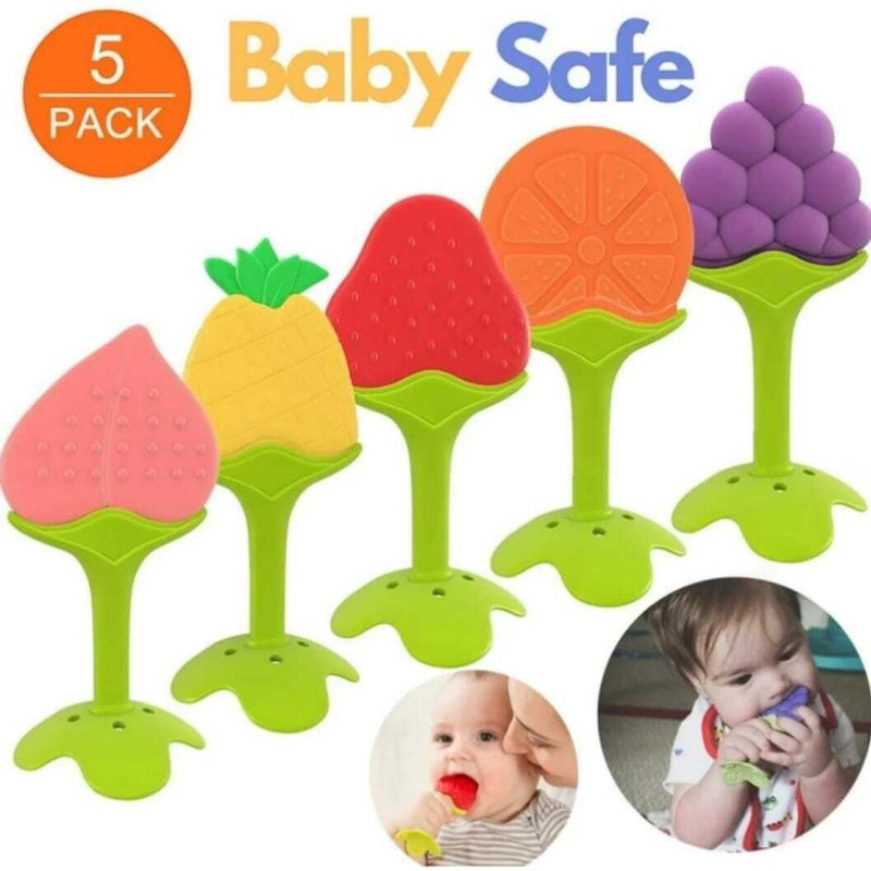 Bouncing Bliss Fruit Shape Silicone Teether Soother& Massage Gums 5 Pieces (Multicolor) Teether(Multicolor)