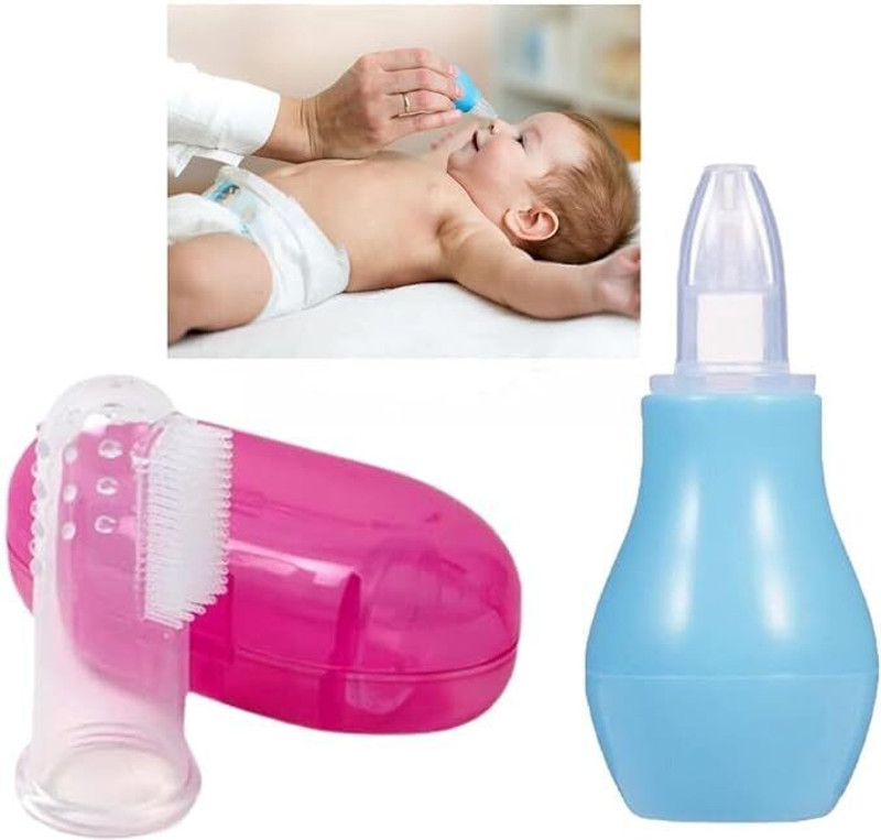 krishav BABY FINGURE TOOTHBRUSH & NOSE CLEANER/NASAL VACCUM SUCKER ASPIRATOR SET OF 2 Teether and Feeder(Blue, Pink)