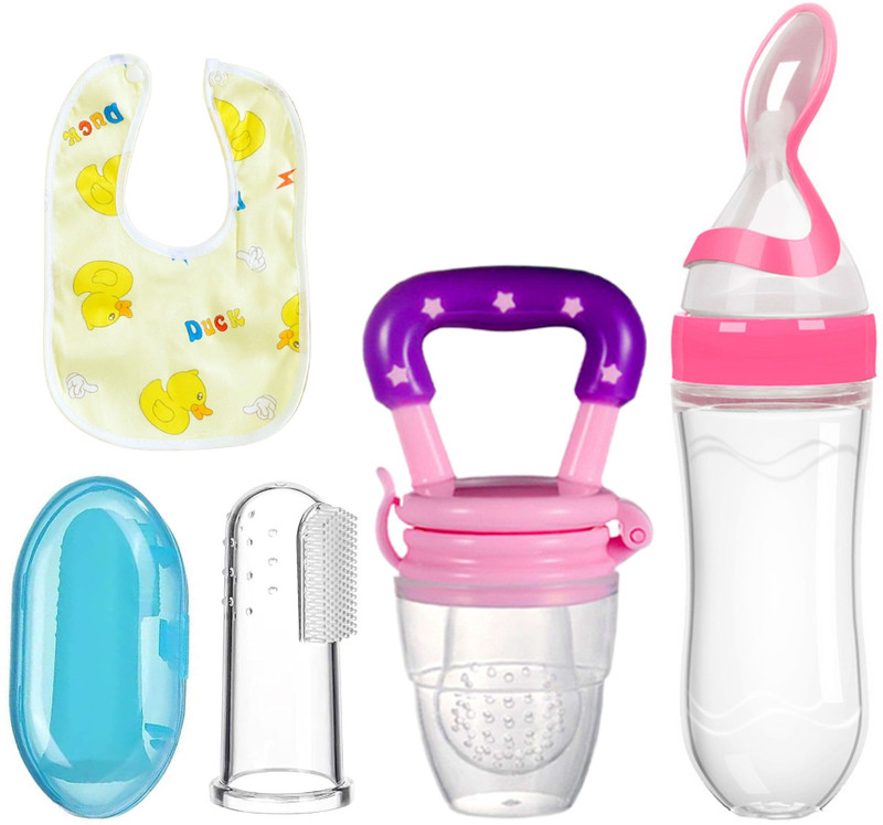 THE LITTLE BUNNY HOP IN STYLE Pack of 4 Baby Spoon Feeding Bottle, Baby Bib, Finger Brush, Fruit Feeder(Multicolor)