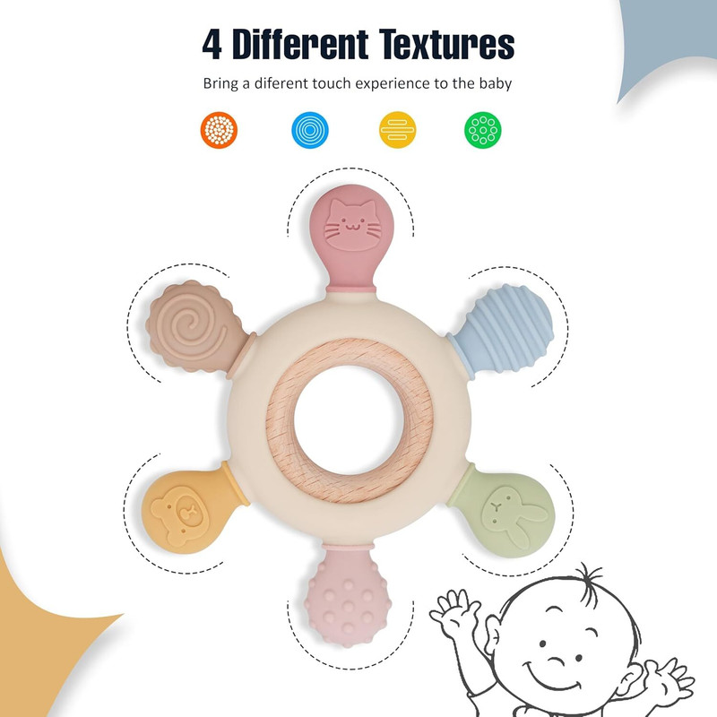 RECTICAL Silicon & Wood Teether for 3+ Months Baby, BPA Free, Beige Teether(Multicolor)