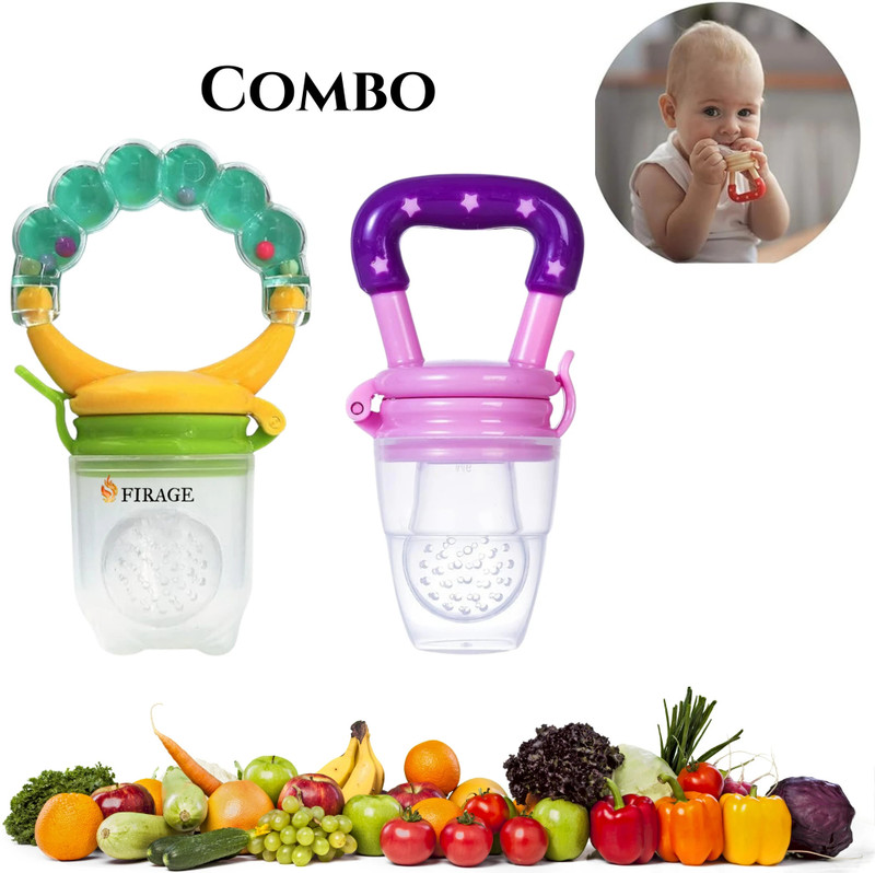 Firage Baby Fruit Nibbler and Rattle Nibbler, Non-Toxic silicon Nibbler combo pack 02 Teether and Feeder(Multicolor)