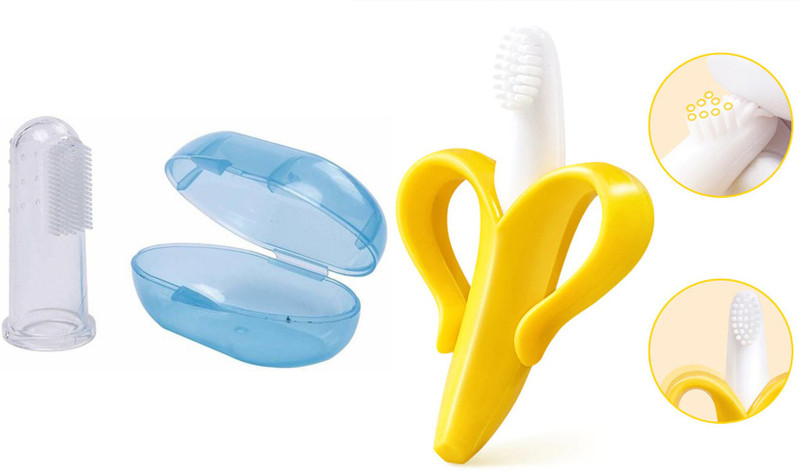 HIKIPO BANANA TEETHER TEETHING TOY AND FINGER BRUSH ORAL CARE Teether and Feeder(Multicolor)