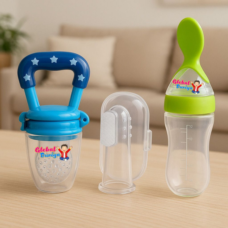 global duniya New Born Baby silicone fruit feeder/food feeder/ with Spoon bottlem+ Feeder(Blue+Pink)