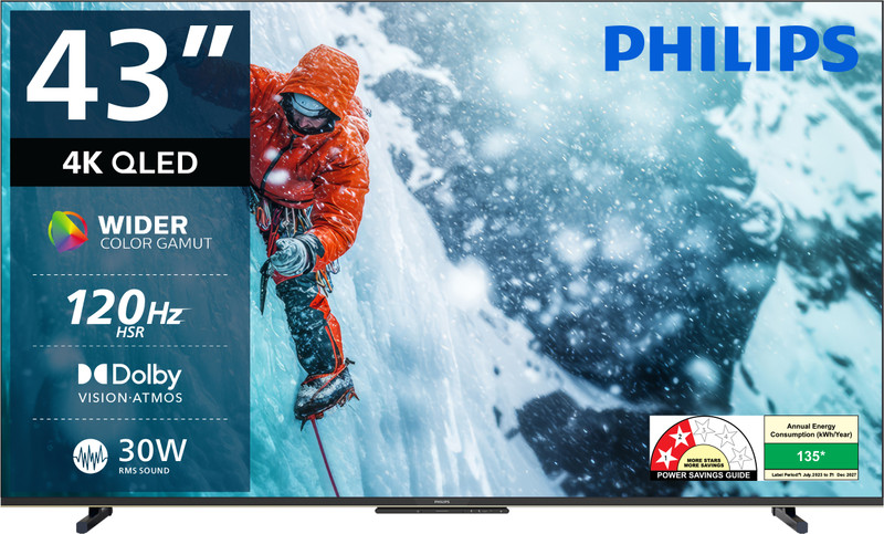PHILIPS 108 cm (43 inch) QLED Ultra HD (4K) Smart Google TV with Dolby Vision |30W Dolby Atmos | 120Hz Refresh Rate | HDR 10+ |Wider Colour Gamut | Ultra Narrow Bezel | 32 GB Storage(43PQT8100/94)