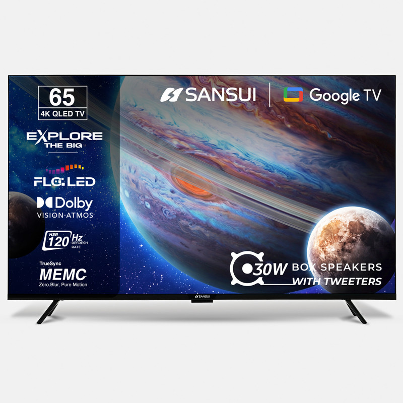 Sansui 165 cm (65 inch) QLED Ultra HD (4K) Smart Google TV with Dolby Vision| HDR10+| Dolby Atmos Sound with Tweeters| HSR 120Hz| MEMC| 30W Surround Sound| FloLED Panel(JSW65UG23Q)