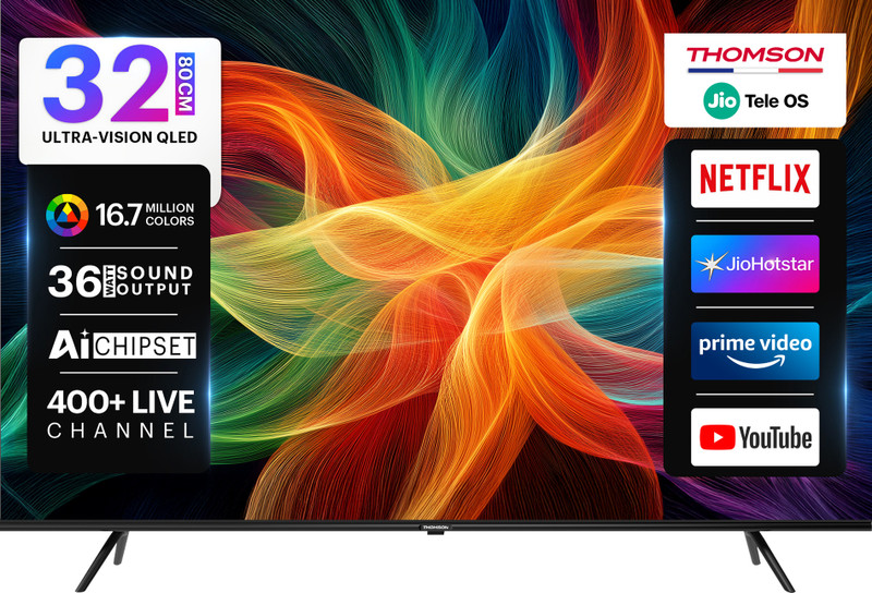 Thomson 80 cm (32 inch) QLED HD Ready Smart JioTele OS TV 2026 Edition with 36W Sound Output 2 Speaker 350 Nits Brightness 400+ free live TV channels 300+ JioGames Web Browser Sports Mode Bezel Less Design(32TJHQ002)