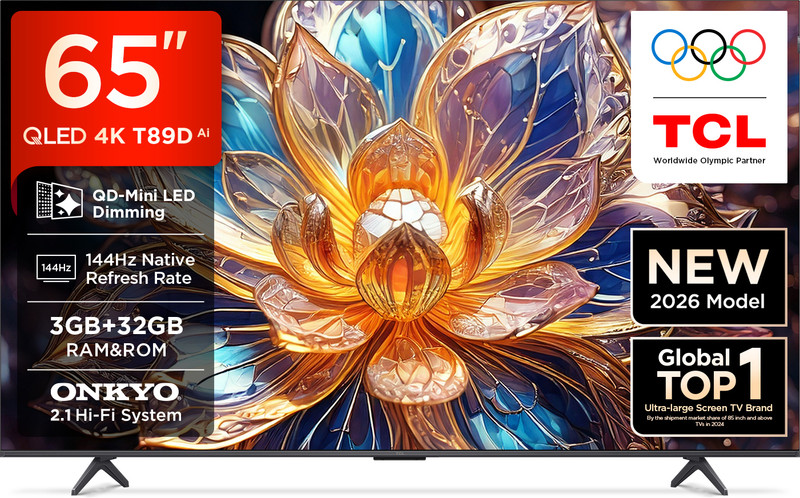 TCL QD-Mini LED Dimming T89D 163.83 cm (65 inch) QLED Ultra HD (4K) Smart Google TV 2026 Edition with TCL Ai HVA Panel Dolby Vision- Atmos, 42W ONKYO 2.1 Hi-Fi System Native Refresh Rate 144Hz, DLG 288Hz MEMC 120 Hz(65T89D)
