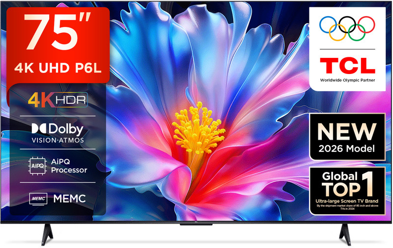 TCL P6L 189 cm (75 inch) Ultra HD (4K) LED Smart Google TV 2026 Edition with MEMC Dolby Vision-Atmos AipQ Processor Game Master HVA Panel & Metallic Bezel-Less(75P6L)