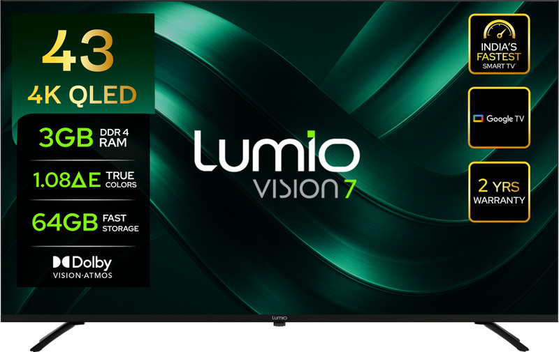 Lumio Vision 7 109 cm (43 inch) QLED Ultra HD (4K) Smart Google TV 2026 Edition with 4K HDR Dolby Vision + Atmos Over 100% Colour Indias Fastest Smart TV* with 3GB RAM + 64 GB storage(FTW1-ADSJ)
