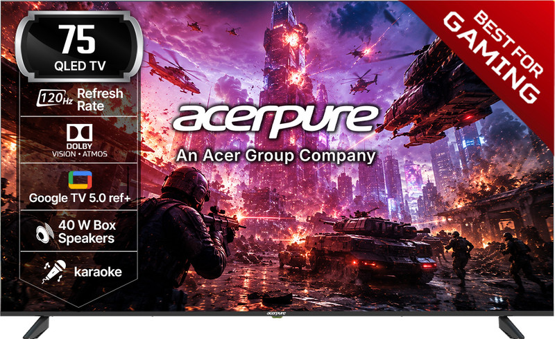 acerpure NITRO 189.2 cm (75 inch) QLED Ultra HD (4K) Smart Google TV with 120 Hz GTV 5.0 ,Android 14 ,Dolby Vision & Dolby Atmos,40W Sound,Tuner,Wi-Fi Direct,ALLM ,VRR,MEMC,Karaoke,AI,Gaming ,Wall Mount(AP75UG75PNTO5)
