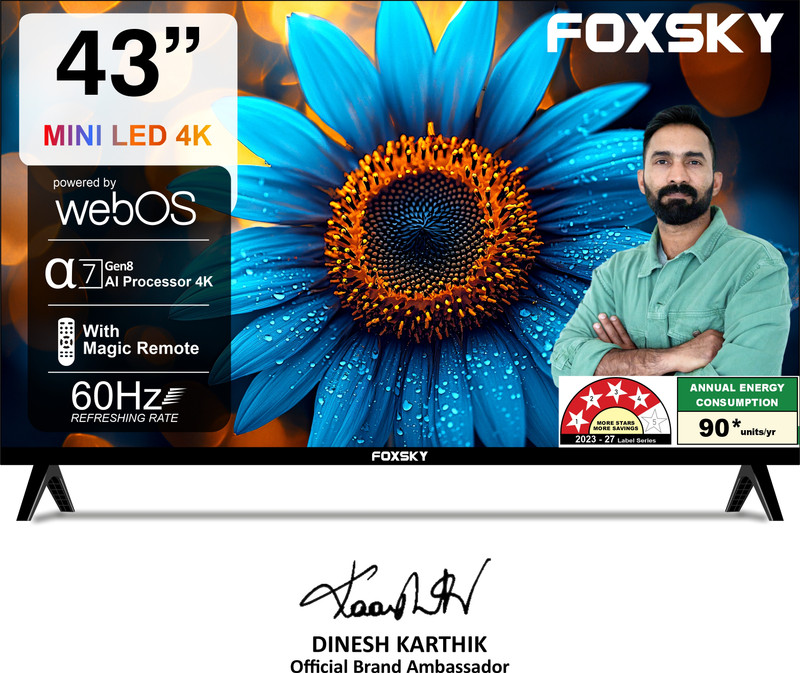 Foxsky 109 cm (43 inch) Ultra HD (4K) Mini LED Smart WebOS TV 2026 Edition with 2.1CH Audio System Tuned by 60h, Native 60Hz Refresh Rate(FS43MINILED)