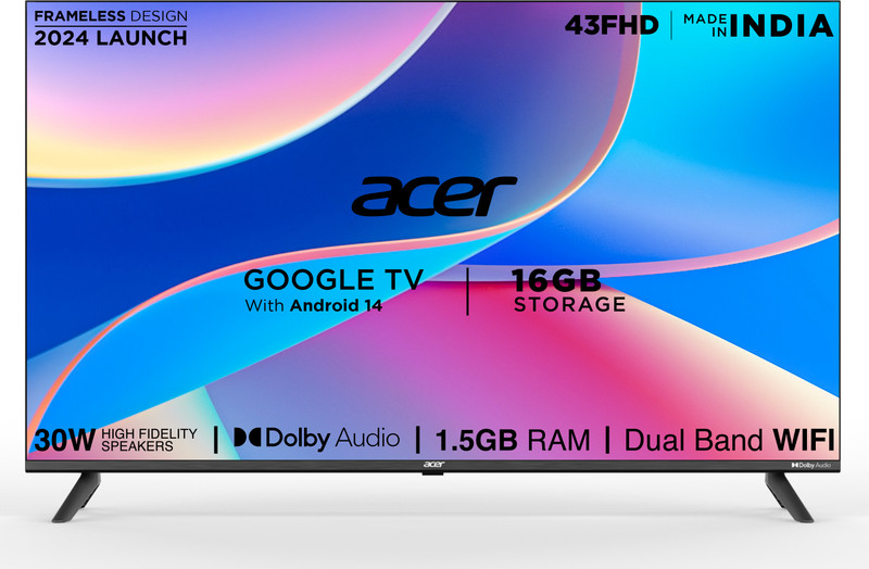 Acer I PRO Series 108 cm (43 inch) Full HD LED Smart Google TV with Android 14 (Black) | 16GB Storage | 30W Dolby Audio(AR43FDIGU2841AT)