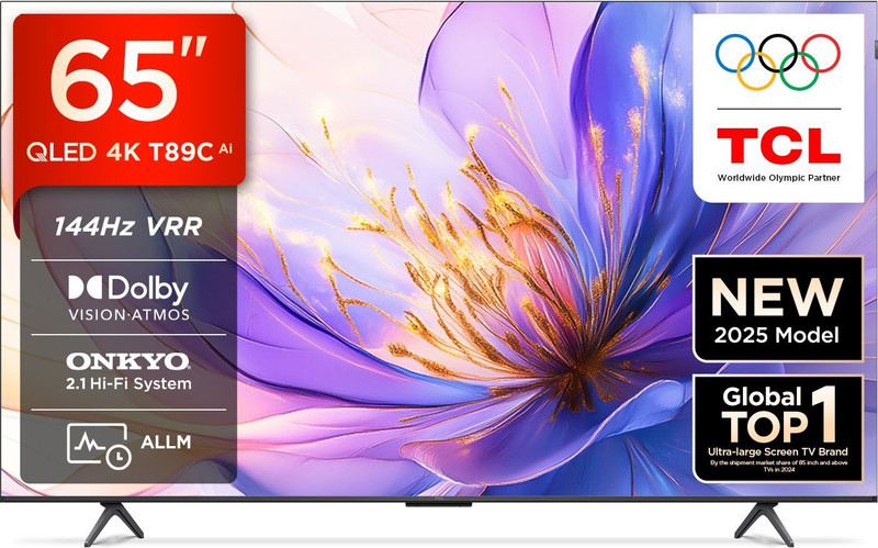 TCL T89C 164 cm (65 inch) QLED Ultra HD (4K) Smart Google TV with HVA Panel | Dolby Vision- Atmos, 35W ONKYO 2.1 Hi-Fi System | 144 Hz VRR | MEMC 120 Hz(65T89C)