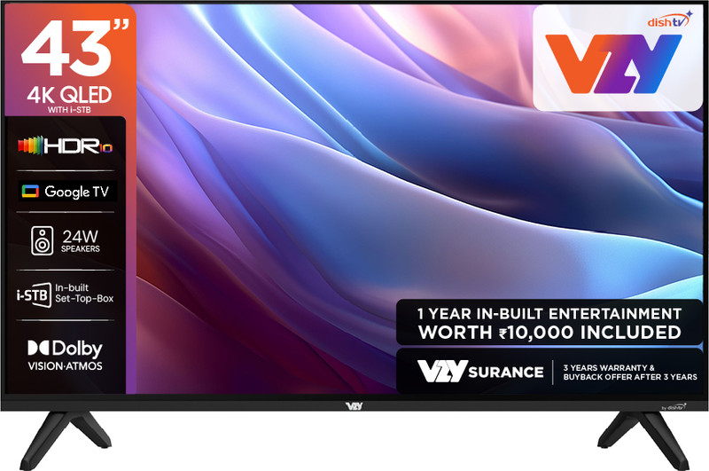 VZY by DishTV 109 cm (43 inch) QLED Ultra HD (4K) Smart Google TV 2025 Edition with Entertainment Hub By dishtv | 12 Months Royale Sports Kids / Family HD Pack ( Cricket Combo With Sports, Hindi Entertainment News & Kids Channels ) 1 Year Subscription of Watcho South/Max (20 Premium OTT Apps at No E