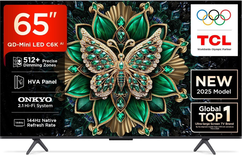 TCL C6K 164 cm (65 inch) Ultra HD (4K) Mini LED Smart Google TV with 512+ Local Dimming Zones , High HDR Brightness , 144 Hz Native Refresh Rate , Dolby Vision IQ , 46 W ONKYO 2.1 CH Hi-Fi System, IMAX Enhanced(65C6K)