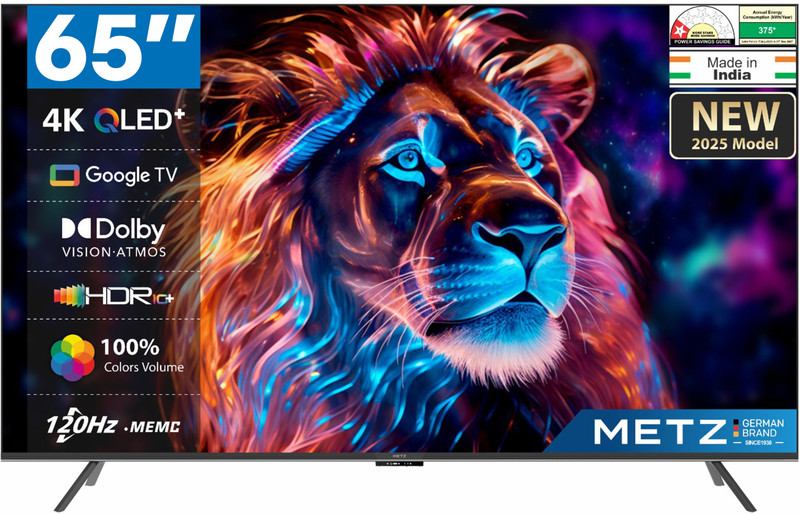 Metz Frameless 164 cm (65 inch) QLED Ultra HD (4K) Smart Google TV with Dolby Vision, HDR 10+ HLG, Dolby Atmos, HSR- 120 Hz Refresh Rate, MEMC, ALLM, VRR, Micro Border Design, 32GB Storage(65QP425G)