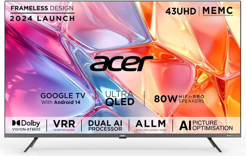 Acer Super Series 108 cm (43 inch) QLED Ultra HD (4K) Smart Google TV with Android 14 (Black) | MEMC | ALLM | VRR | AI Picture Optimisation | 80W PRO Speakers | GIGA Bass | Dolby Vision-Atmos(AR43QDXGU2875AT)