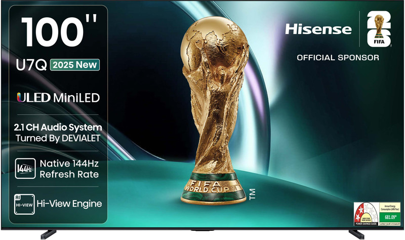 Hisense 100U7Q 253 cm (100 inch) Ultra HD (4K) Mini LED Smart VIDAA TV with 2.1CH Audio System Tuned by DEVALET, Native 144 Refresh Rate, Dolby Vision Atmos(100U7Q)