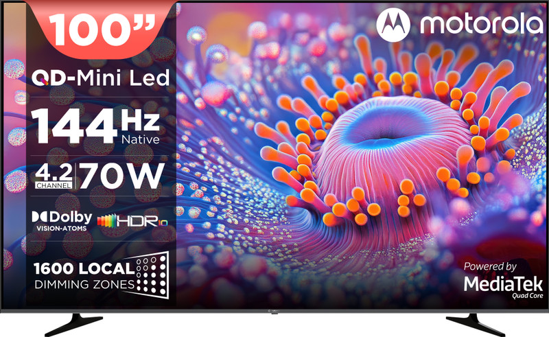 MOTOROLA 254 cm (100 inch) Ultra HD (4K) Mini LED Smart Google TV 2026 Edition with QD Mini LED, 1600 Local Dimming Zones( 3200 leds),4.2 Channel Audio System, 144 Hz Native,Mediatek Processor 9618, Dolby Vision-Atmos, HDR10(100UHDGMMWBKQ)