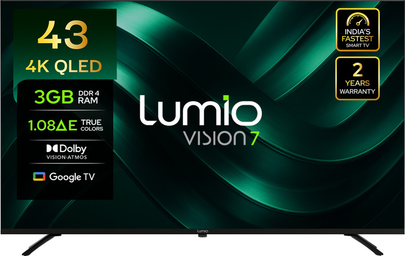 Lumio Vision 7 109 cm (43 inch) QLED Ultra HD (4K) Smart Google TV 2026 Edition with 4K HDR Dolby Vision + Atmos Over 100% Colour India’s Fastest Smart TV* with 3GB RAM(FTW1-ADSG)