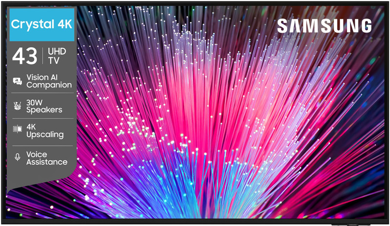 Samsung Crystal 4K Vision AI 108 cm (43 inch) Ultra HD (4K) LED Smart Tizen TV 2026 Edition with 30W Speakers 4K Upscaling HDR 10+ Football Mode Voice Assistance Remote Control PurColor Slim Look Samsung Knox Security 150+ Free Channels(UA43UE84AHULXL)