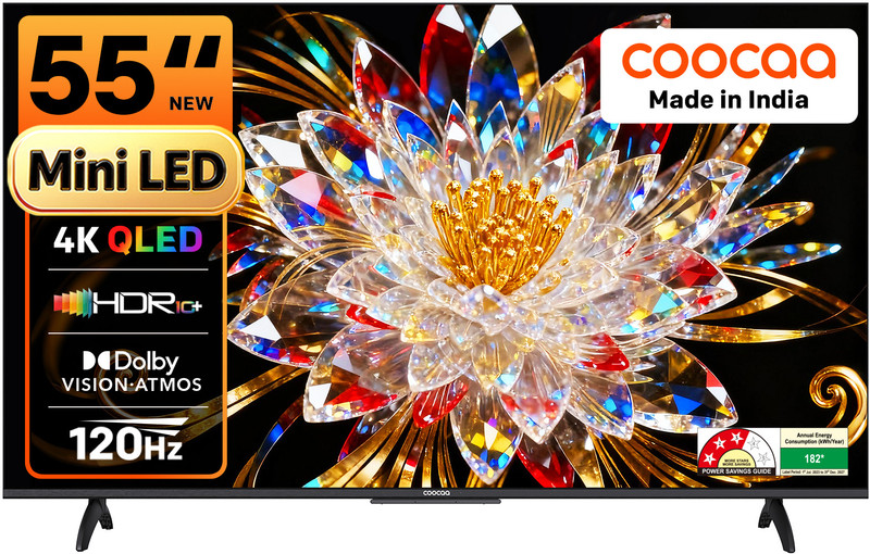 Coocaa 138 cm (55 inch) Ultra HD (4K) Mini LED Smart Google TV 2025 Edition with Local Dimming - 2025 Edition | Dolby Vision & Dolby Atmos | HDR 10+ | Filmmaker Mode | 120Hz Game Accelerator | ALLM & MEMC | Wide Colour Gamut | 36W Sound | 32 GB Storage(55MINI75Q)