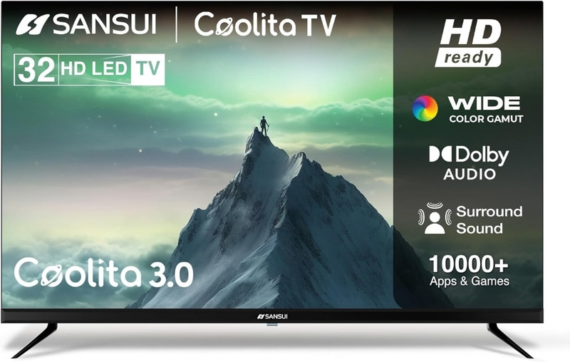 Sansui 80 cm (32 inch) HD Ready LED Smart Coolita TV 2024 Edition with Dolby Audio |Surround Sound |A+ Panel |16.7 Million Colors |Wi-Fi Enabled |60Hz Refresh Rate| Live tv(JSWP32CSHD)