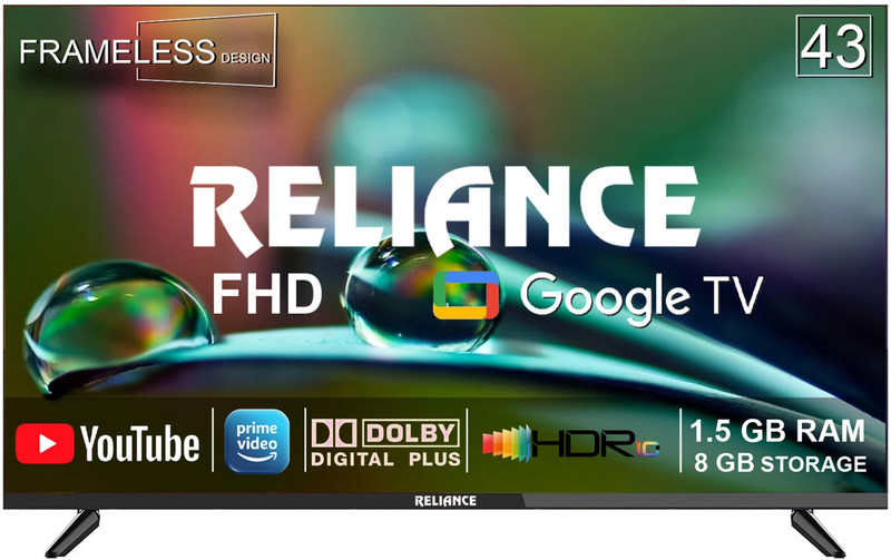 Reliance 109 cm (43 inch) Full HD LED Smart Google TV 2025 Edition with Next Generation Google Smart FHD Led Tv Platform with OTT Apps like Jio Cinema, Netflix, Prime Video, Disney+ Hotstar & More Than 5000 Apps, Frameless Design & Voice Remote with 24 Wa