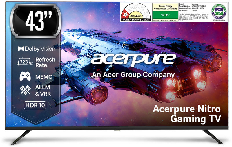 acerpure Nitro 108 cm (43 inch) QLED Ultra HD (4K) Smart Google TV with 120 Hz GTV 5.0 |Android 14 |Dolby Vision & Dolby Atmos|40W Sound|Tuner|Wi-Fi Direct|ALLM |VRR|MEMC|Karaoke|AI|Gaming |Wall Mount(AP43UG75PNTO5)