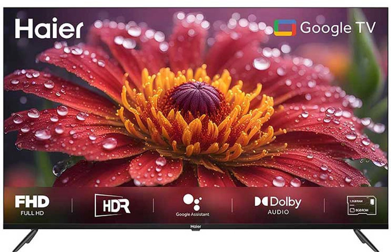 Haier 108 cm (43 inch) Full HD LED Smart Google TV with combines sleek design with smart features, offering Full HD resolution, Google Assistant integration, and multiple connectivity options for a seamless viewing experience.(LE43K800GT)