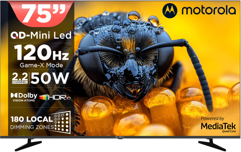 MOTOROLA 190 cm (75 inch) Ultra HD (4K) Mini LED Smart Google TV 2026 Edition with QD Mini LED, 180 Local Dimming Zones / LEDs, 2.2 Channel Audio System AIPQ, Mediatek Processor, 120Hz refresh rate, Dolby Vision-Atmos, HDR10(75UHDGMMWBIQ)