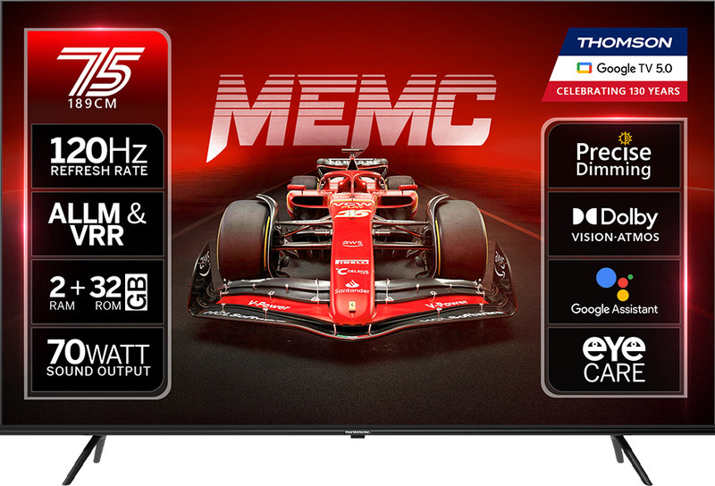 Thomson NeoX 189 cm (75 inch) QLED Ultra HD (4K) Smart Google TV with MEMC Dolby Vision - Atmos 70W Sound Output powered by Blaupunkt 4 Speaker 32 GB Storage 550 Nits Brightness Precise Dimming HDR10+ 120 Hz Refresh Rate HLG ALLM & VRR Eyecare Technology