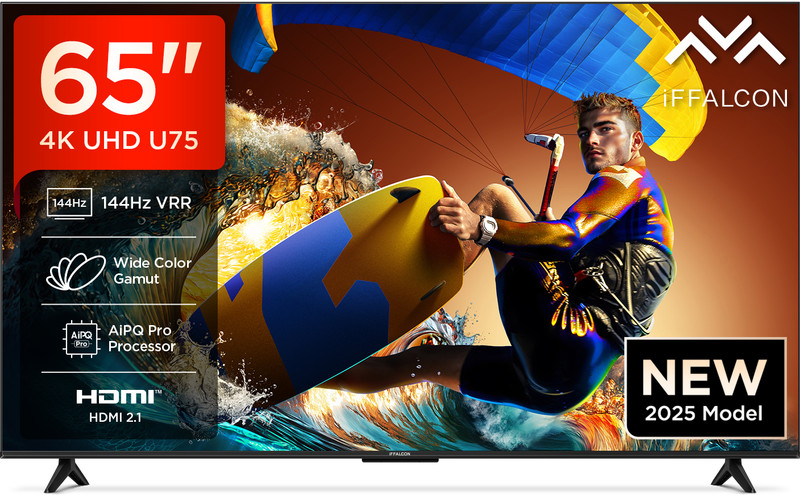 iFFALCON U75 164 cm (65 inch) Ultra HD (4K) LED Smart Google TV with 144 Hz VRR | Wide Color Gamut | AiPQ Pro Processor | 24 W Dolby Vision- Atmos | 3 GB RAM | 32 GB ROM(65U75)