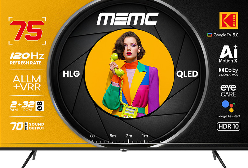 KODAK MotionX 189 cm (75 inch) QLED Ultra HD (4K) Smart Google TV with MEMC , Dolby Vision - Atmos , 70W Sound Output , 4 Speaker , 550 Nits Brightness , Precise Dimming , HDR10+ , 120 Hz Refresh Rate , HLG , ALLM & VRR , Eyecare , Google Assistant , Beze
