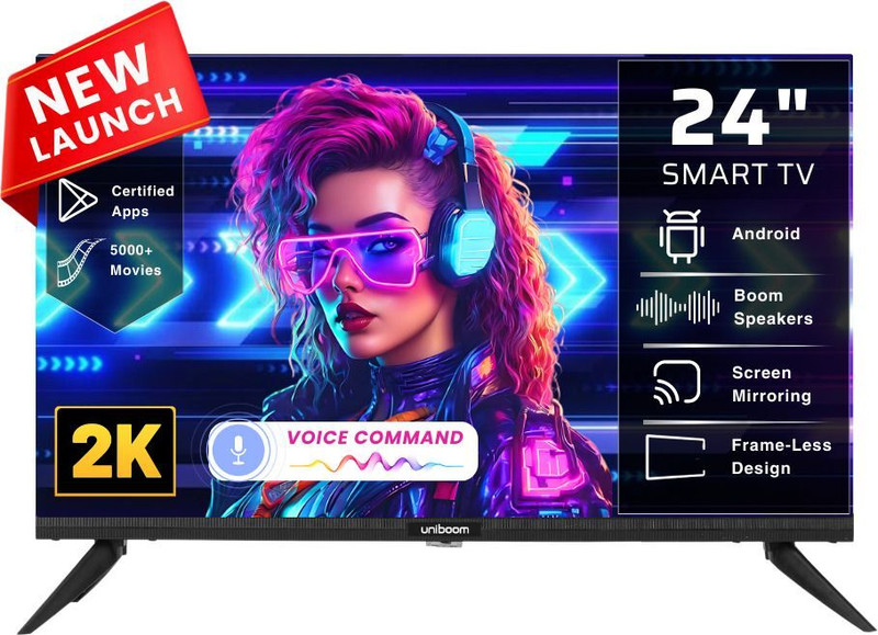 Uniboom 60 cm (24 inch) HD Ready LED Smart Android TV with Voice Control App | 500+ Movies | 1000+ Certified Apps | Profile Mode| Aura Vision | Mobile Cast(24S-ULT-AED)