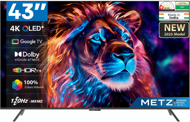 Metz Frameless 108 cm (43 inch) QLED Ultra HD (4K) Smart Google TV with Dolby Vision, HDR 10+ HLG, Dolby Atmos, HSR-120Hz Refresh Rate, MEMC, ALLM, VRR, Micro Border Design, 32GB Storage(43QP425G)