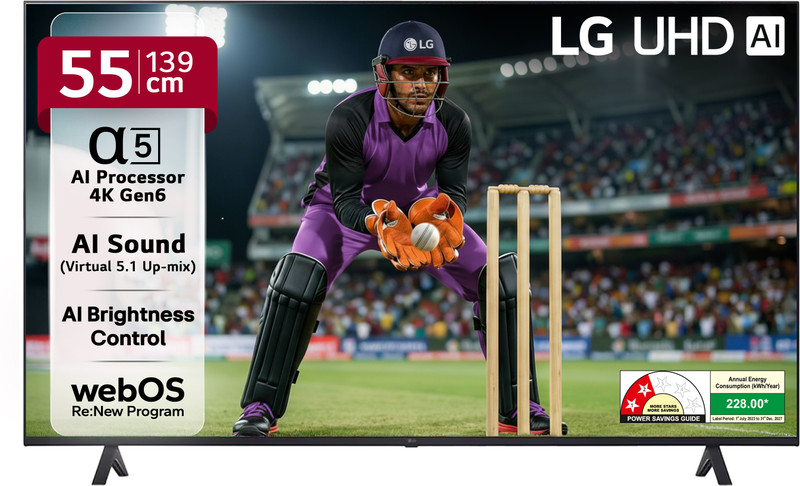 LG UR7500 139 cm (55 inch) Ultra HD (4K) LED Smart WebOS TV with Alpha5 AI Processor 4K Gen6, AI Picture Pro, 4K Upscaling, 60 Hz Refresh Rate, Game Optimizer, Magic Remote Capability, 5-Year Guaranteed with New OS Experience(55UR7500PSC)