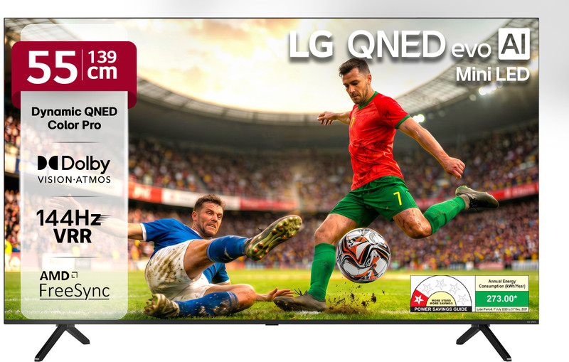 LG AI TV 139.7 cm (55 inch) Ultra HD (4K) QNED Smart WebOS TV with Alpha8 AI Processor 4K Gen2 Dynamic QNED Color Pro 144 Hz VRR AI Picture Pro Dolby Vision New AI Magic Remote AI Search with MS Copilot AI Sound Pro (9.1.2 ch) Dolby Atmos Chromecast Built