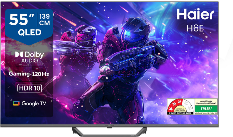 Haier H6E 139 cm (55 inch) QLED Ultra HD (4K) Smart Google TV with HDR10| Auto Low Latency Mode (ALLM)| HDMI 2.1| Voice Control with Google TV ("Ok| Google")| Metallic Bezel-less Design.(55H6E)