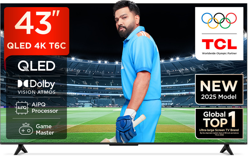 TCL T6C 108 cm (43 inch) QLED Ultra HD (4K) Smart Google TV 2025 Edition with HDR10+ | Dolby Vision- Atmos| HVA Panel| Slim & Uni body Design(43T6C)