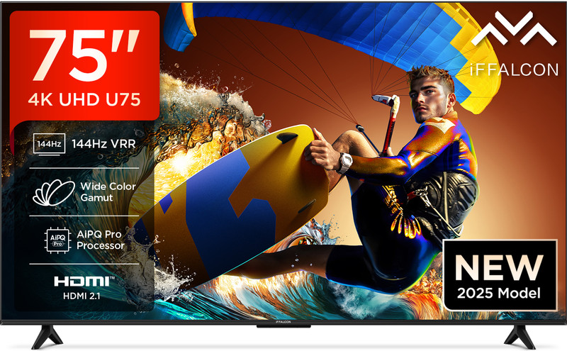 iFFALCON U75 189 cm (75 inch) Ultra HD (4K) LED Smart Google TV with 144 Hz VRR | Wide Color Gamut | AiPQ Pro Processor | 30 W Dolby Vision- Atmos | 3 GB RAM | 32 GB ROM(75U75)