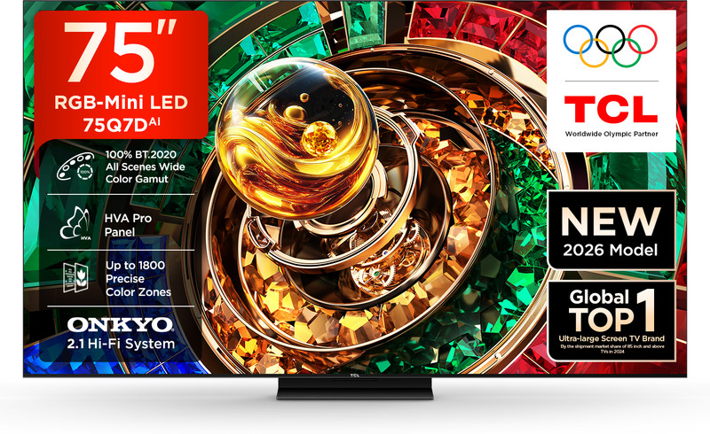 TCL Q7D 189.31 cm (75 inch) Ultra HD (4K) Mini LED Smart Google TV 2026 Edition with Up to 2160 Precise Dimming Zones Up to HDR 2000 nits HVA Pro Panel with Up to 100% BT.2020 46W ONKYO 2.1Hi-Fi with Flush Unibody & Slim Design RGB-Mini LED(75Q7D)