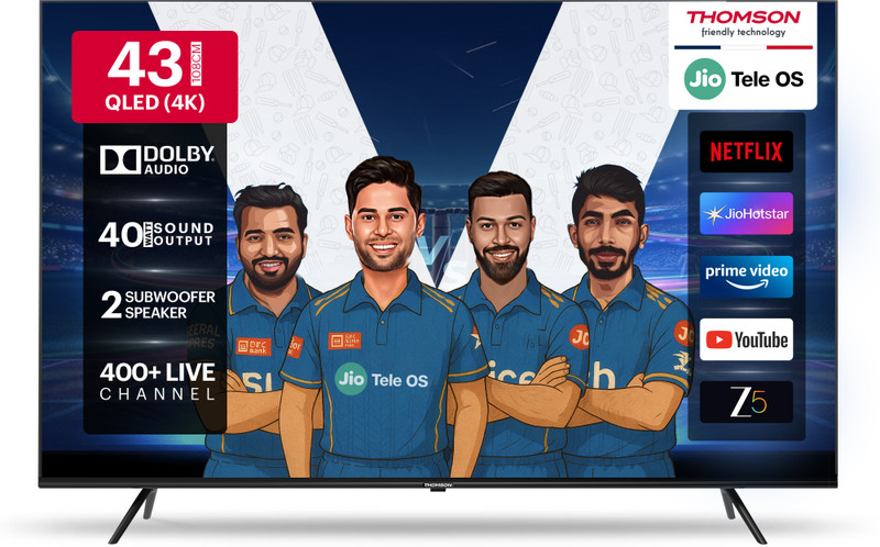Thomson TV 108 cm (43 inch) QLED Ultra HD (4K) Smart JioTele OS TV 2025 Edition with 40W Sound Output | Digital Plus | HDR | Multilingual Voice Assistant | 400+ free Live Channel | 400+ Games |Web Browser |Sports Mode | Bezel-Less Screen(43TJQ0012)
