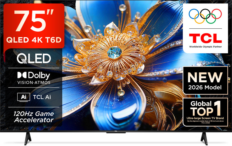 TCL T6D 189.31 cm (75 inch) QLED Ultra HD (4K) Smart Google TV 2026 Edition with HDR10+ Dolby Vision- Atmos 34W 120 Hz Game Accelerator (DLG) TCL AI Slim & Uni body Design(75T6D)