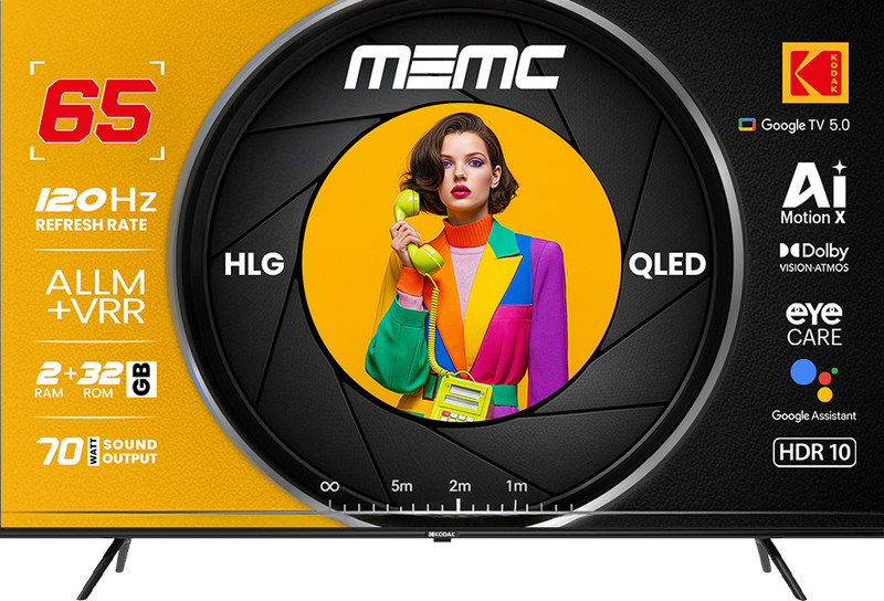 KODAK MotionX 164 cm (65 inch) QLED Ultra HD (4K) Smart Google TV with MEMC , Dolby Vision - Atmos , 70W Sound Output , 4 Speaker , 550 Nits Brightness , Precise Dimming , HDR10+ , 120 Hz Refresh Rate , HLG , ALLM & VRR , Eyecare , Google Assistant , Beze