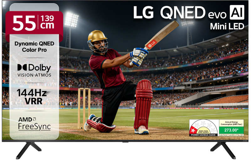 LG AI TV 139.7 cm (55 inch) Ultra HD (4K) QNED Smart WebOS TV with Alpha8 AI Processor 4K Gen2 Dynamic QNED Color Pro 144 Hz VRR AI Picture Pro Dolby Vision New AI Magic Remote AI Search with MS Copilot AI Sound Pro (9.1.2 ch) Dolby Atmos Chromecast Built-in 125+ Free LG Channels(55QNED92ALA)